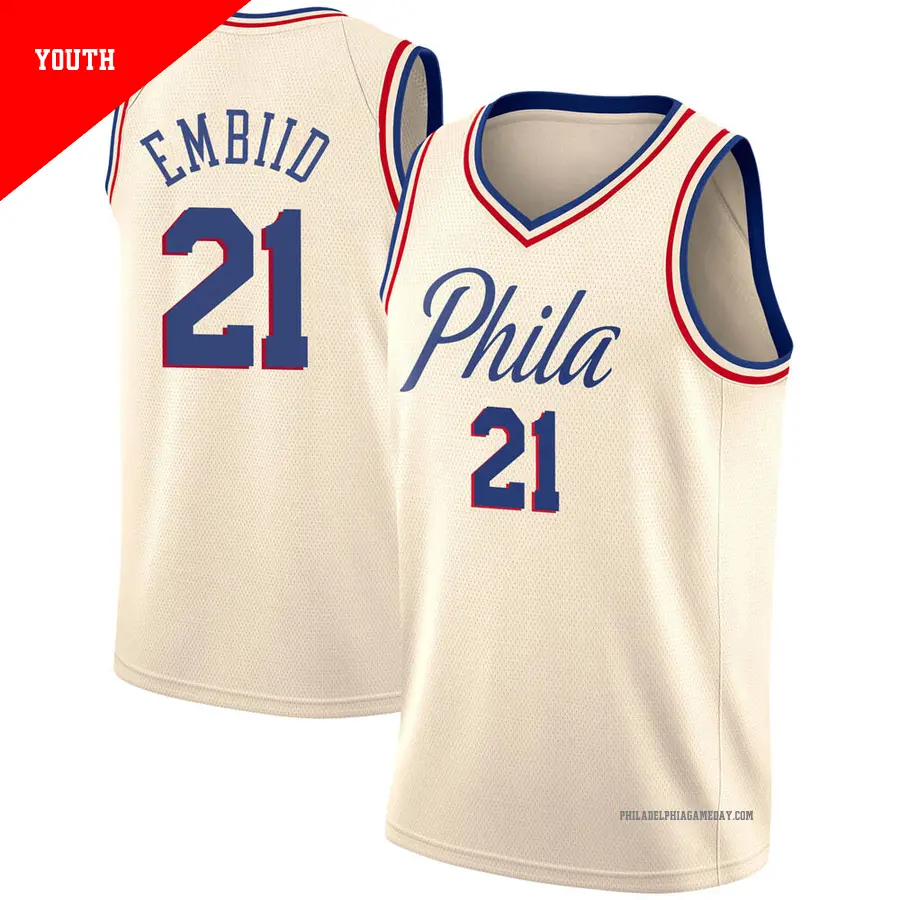 ＃21 Youth Joel Embiid Philadelphia 76ers Cream Swingman JerseyCity Edition
