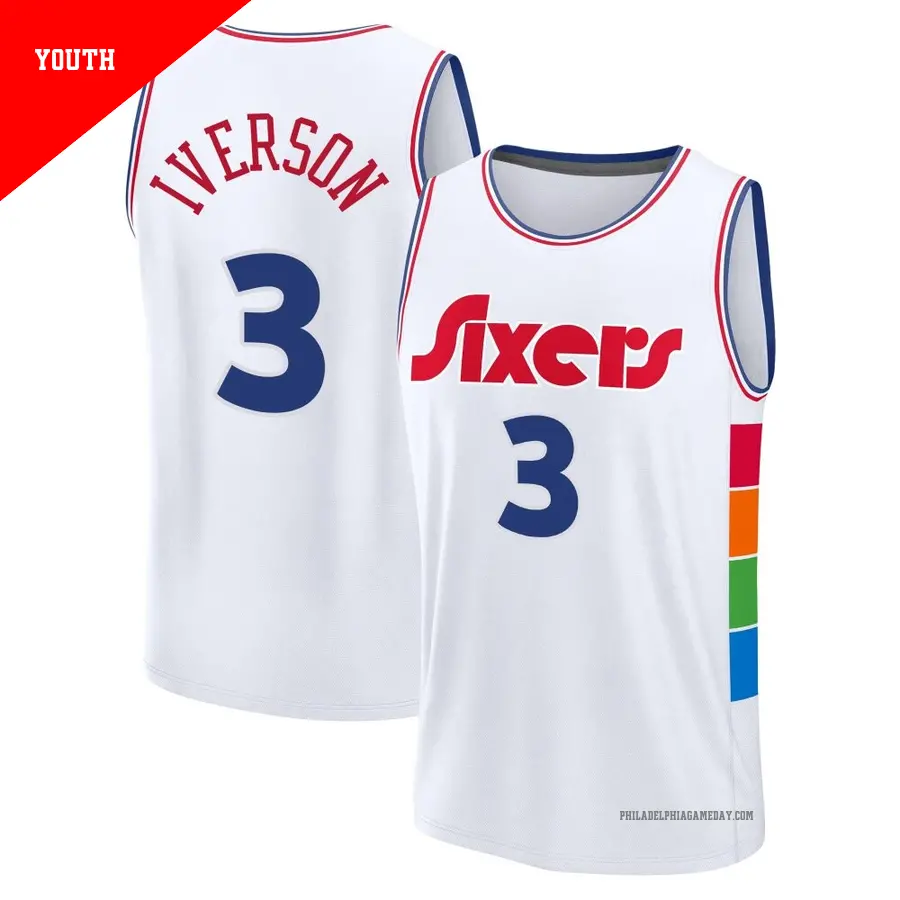 ＃3 Youth Allen Iverson Philadelphia 76ers 2024/25 Fast Break Fanatics White City Edition Jersey